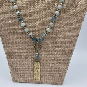 Earthy Boho Chic Necklace Stone Glass Beads Howards Blue Brassy Hammered Pendant